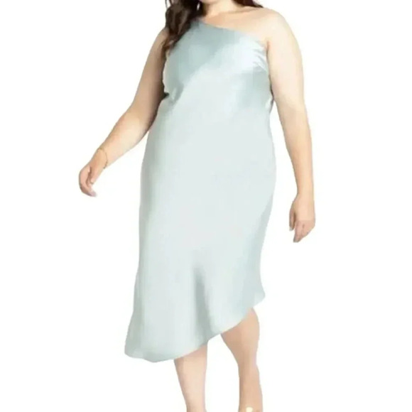 NWT Eloquii Sea Glass Green Satin One Shoulder Asymmetric Formal Dress Sz 20 - Picture 1 of 7